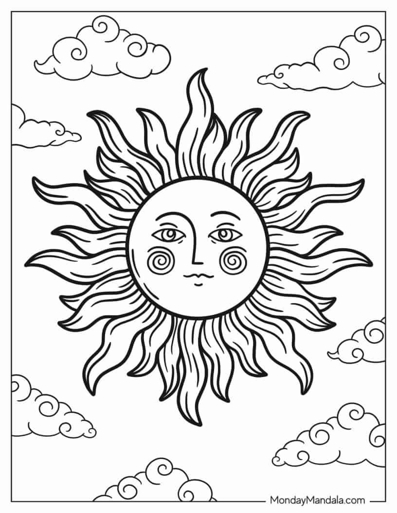 Detailed Sun In The Sky With Clouds coloring page