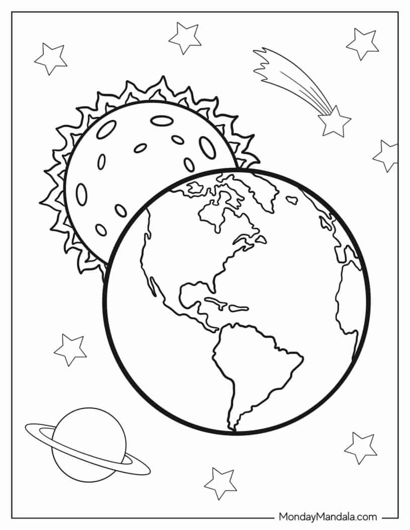 Earth And Sun In Space To Color coloring page — printable line art