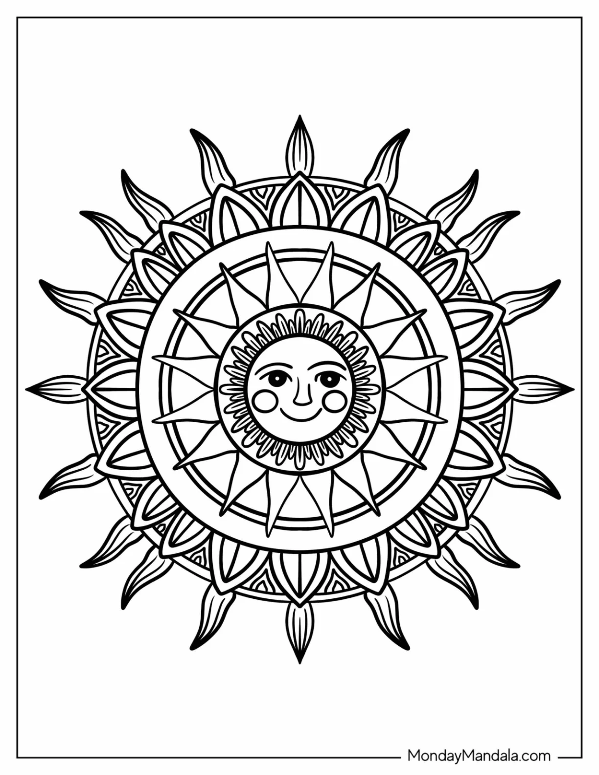 Easy Smiling Sun Mandala Coloring Page For Kids coloring page — printable line art