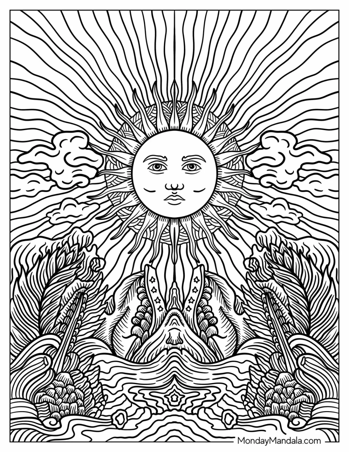 Intricate Sun With Clouds And Vegetation Coloring Page coloring page — printable line art