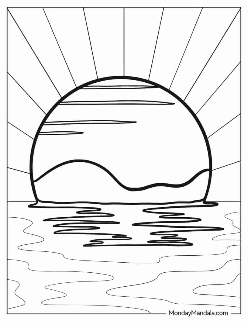Setting Sun Over Ocean To Color coloring page