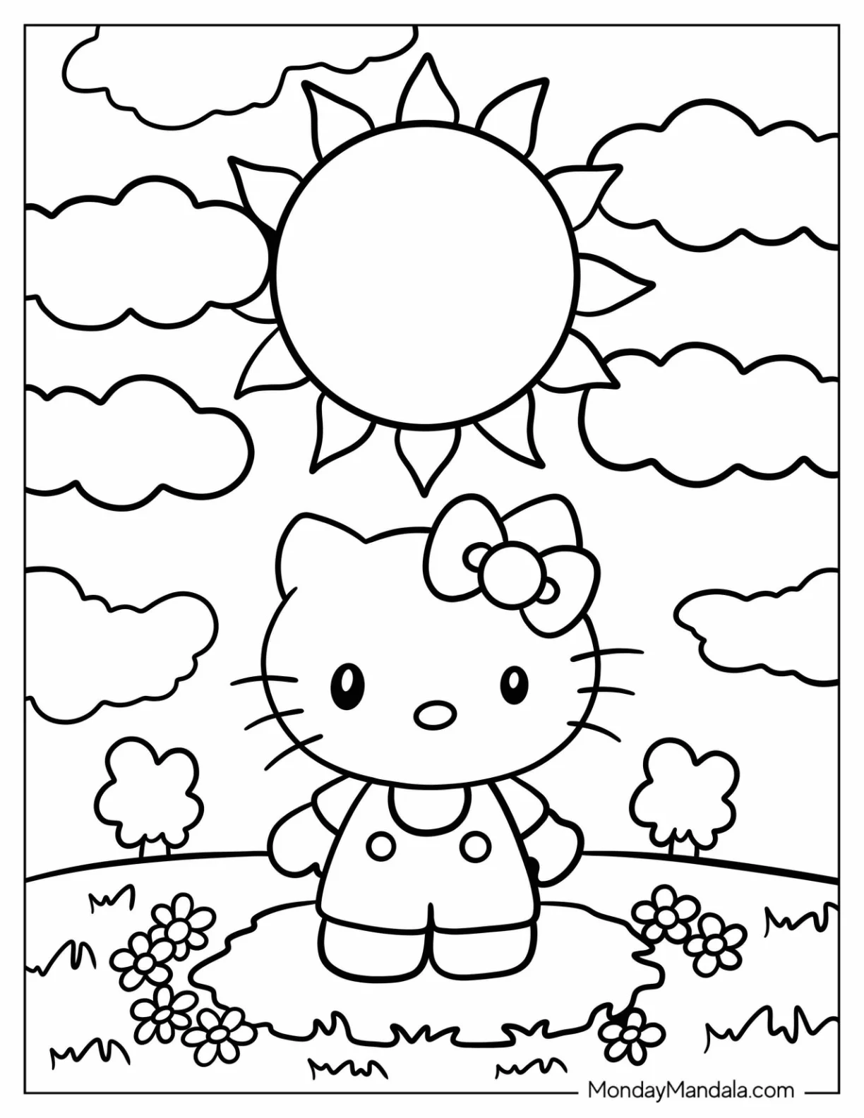 Simple Sun Shining Down On Hello Kitty Coloring Page For Kids coloring page