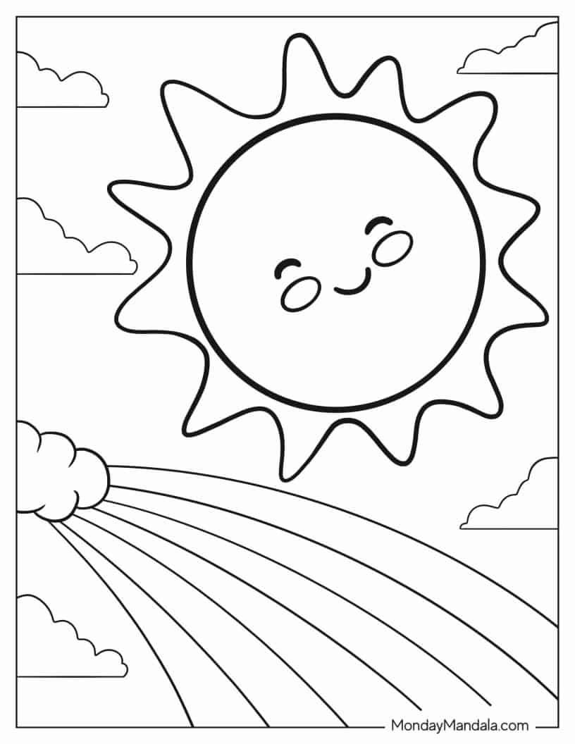 Smiling Sun With Rainbow coloring page — printable line art