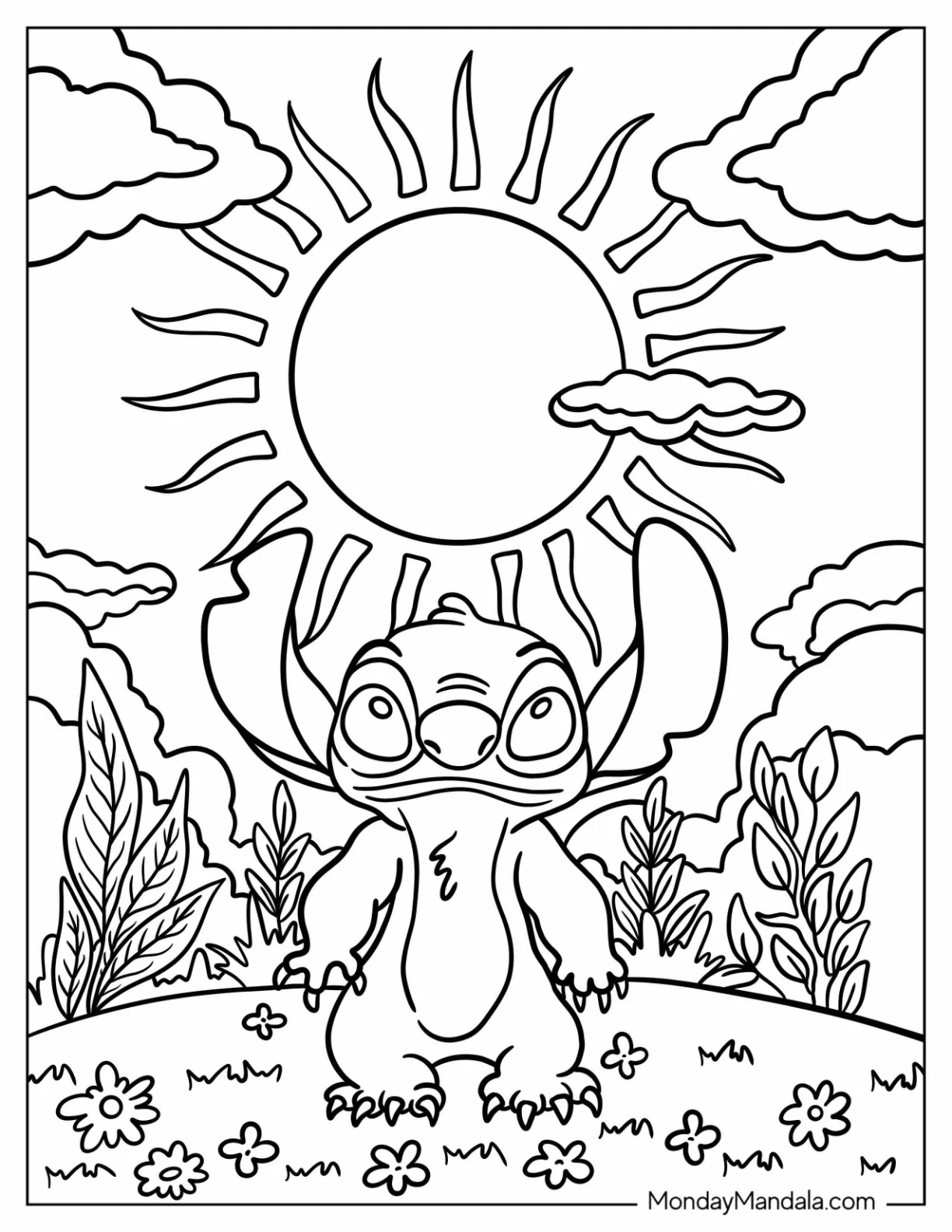 Stitch Standing Under The Sun Coloring Page For Kids coloring page — printable line art