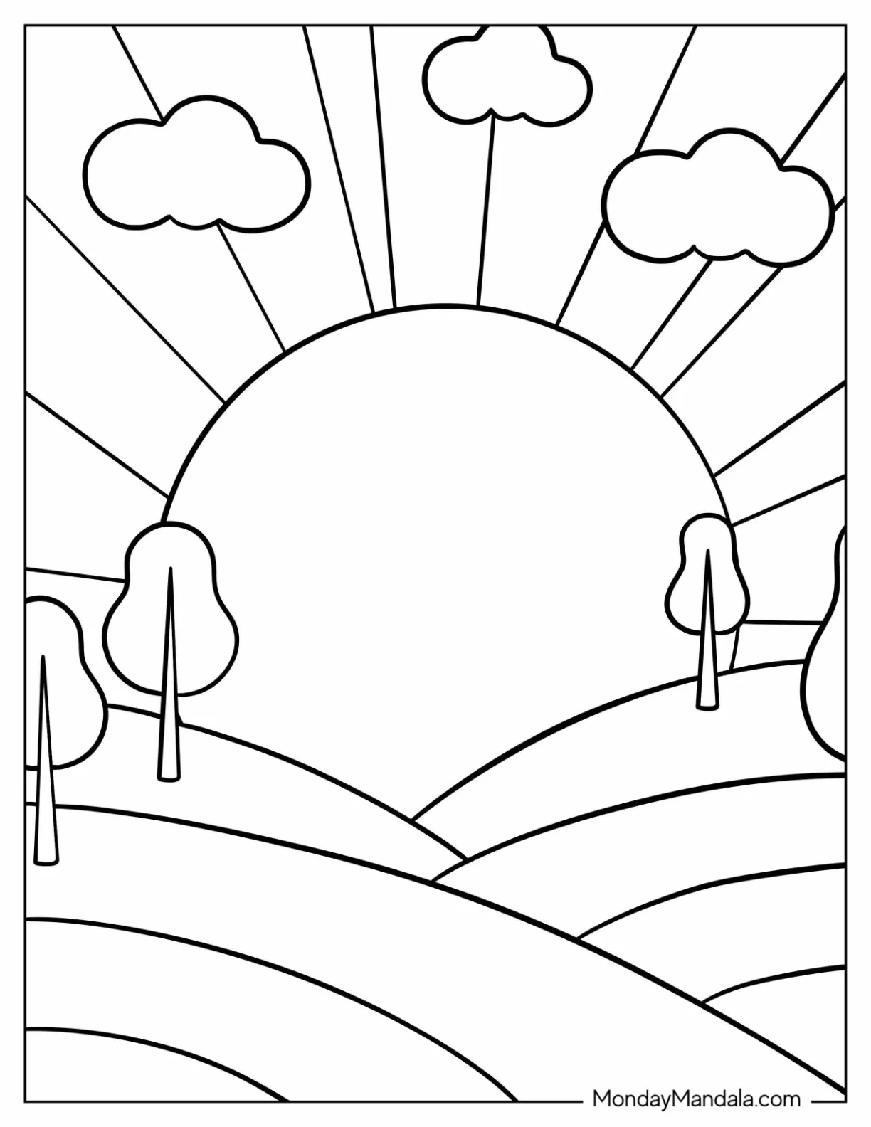Sun Rising Over The Horizon Coloring Sheet For Kids coloring page