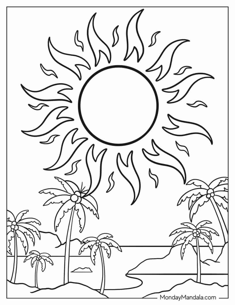 Sun Shining Over The Ocean To Color coloring page — printable line art