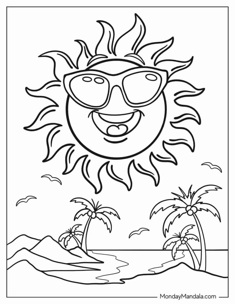 Sun Wearing Sunglasses At The Beach coloring page