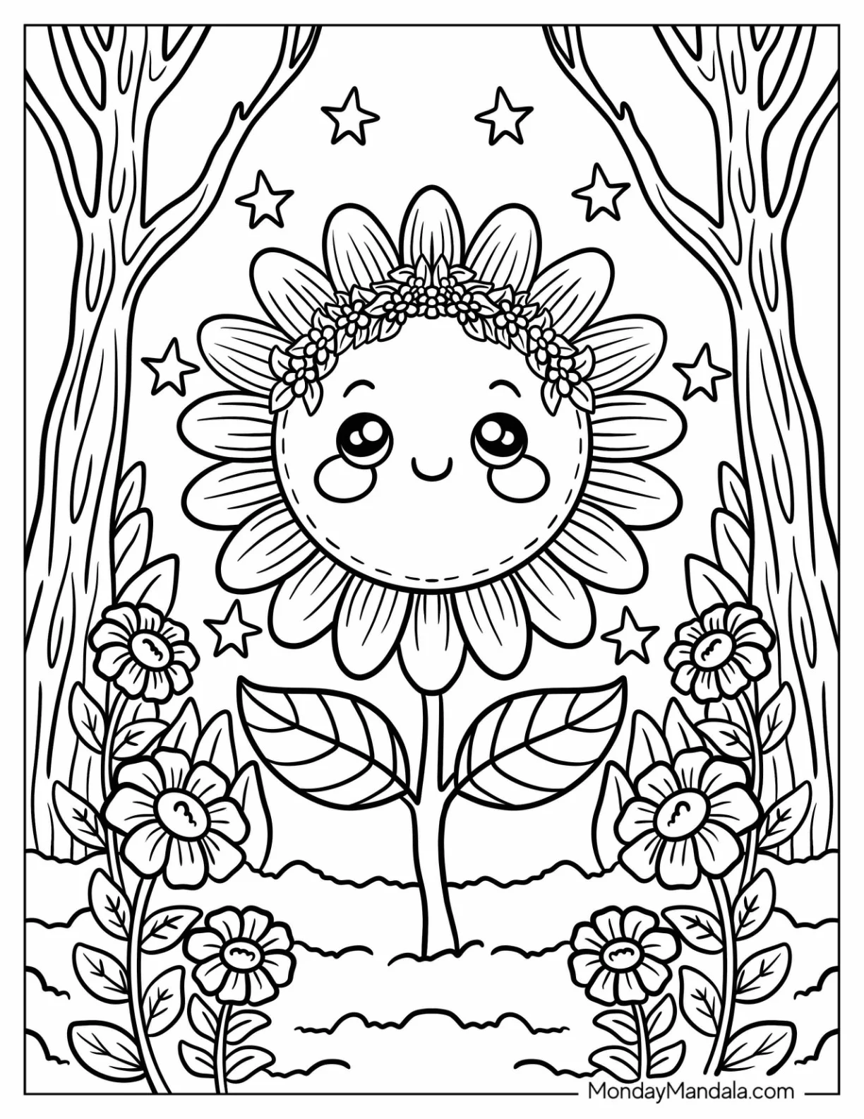 Adorable Sunflower Coloring Page With Blushing Cheeks Beneath Sparkling Stars for Kids coloring page — printable line art