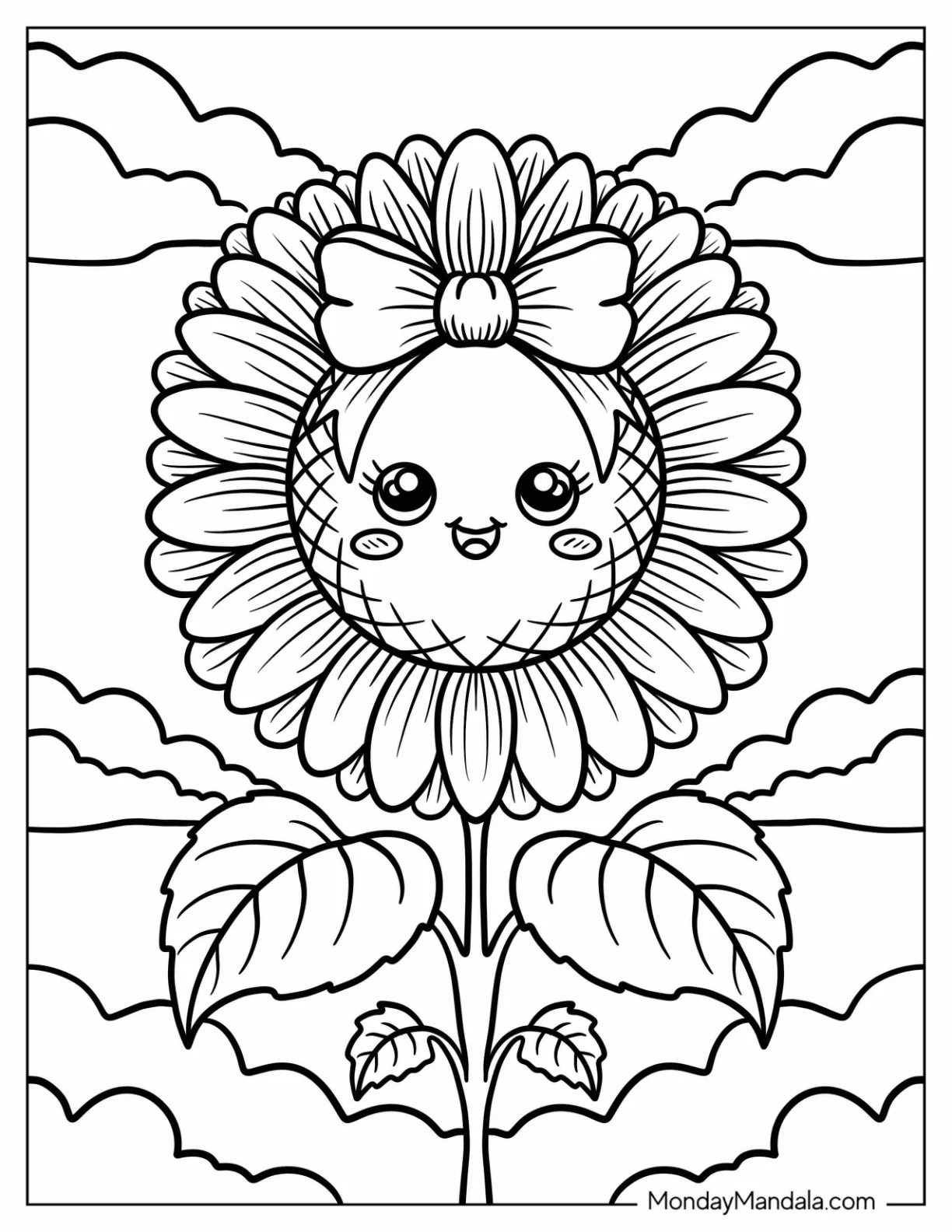 Adorable Sunflower Coloring Page With Round Face and Leafy Stem coloring page