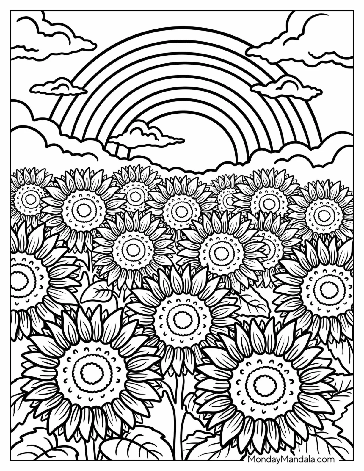 Beautiful Sunflower Coloring Page Under a Rainbow for Kidspdf coloring page