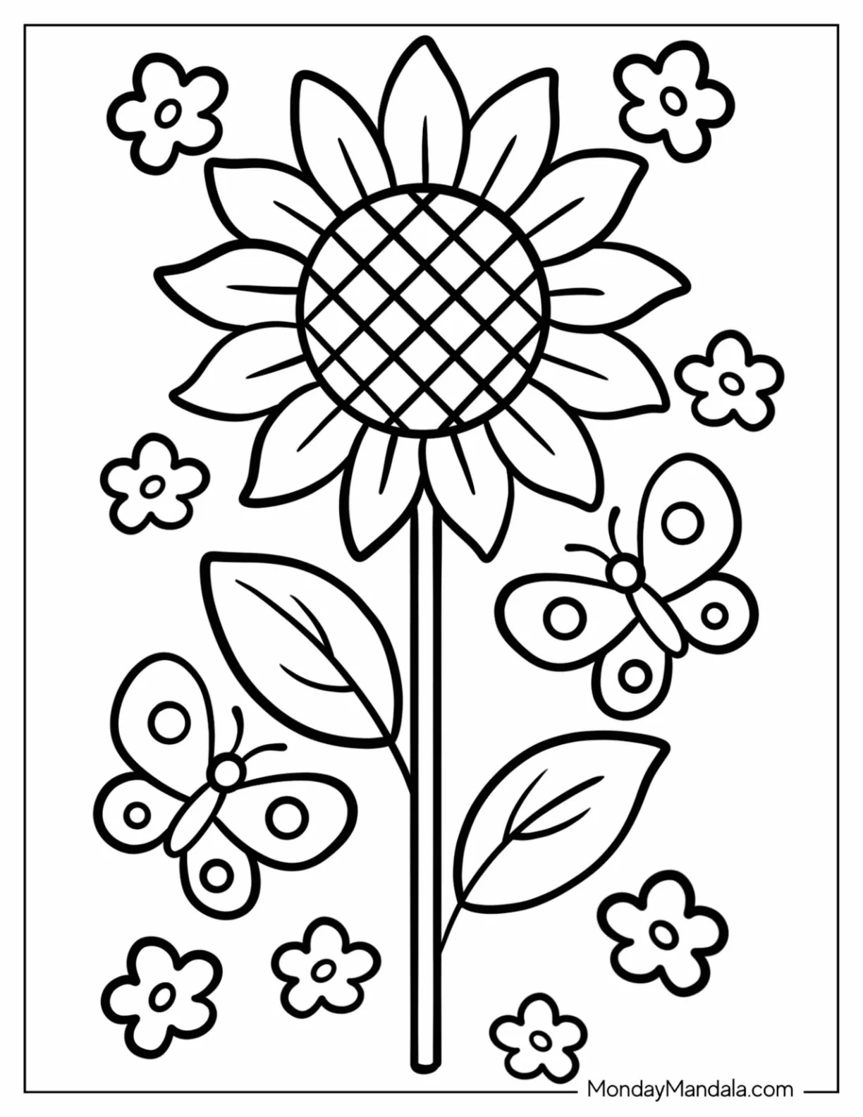 Charming Sunflower Coloring Page Surrounded by Fluttering Butterflies for Preschoolers coloring page — printable line art