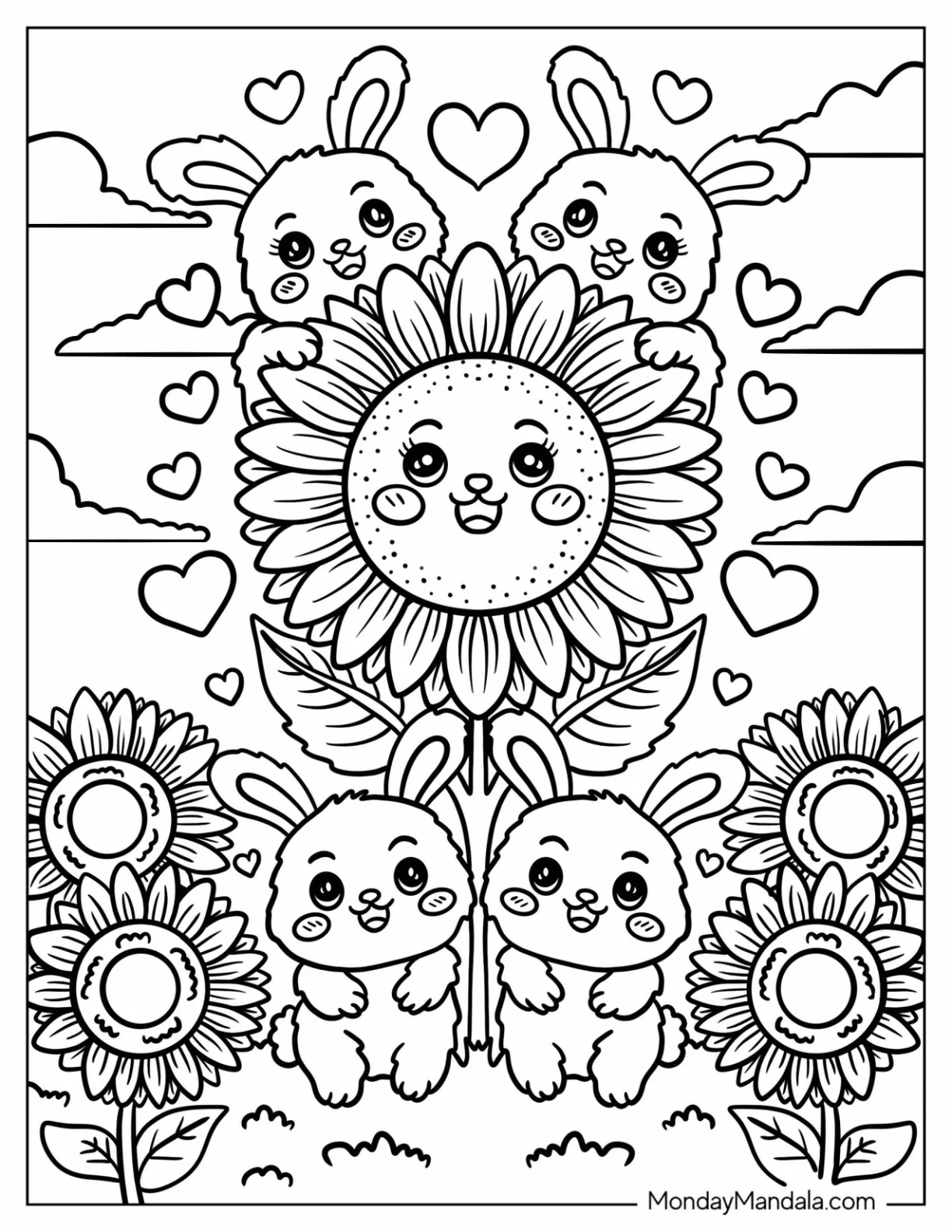 Cute Bunnies With Smiling Sunflower Coloring Page for Kids coloring page