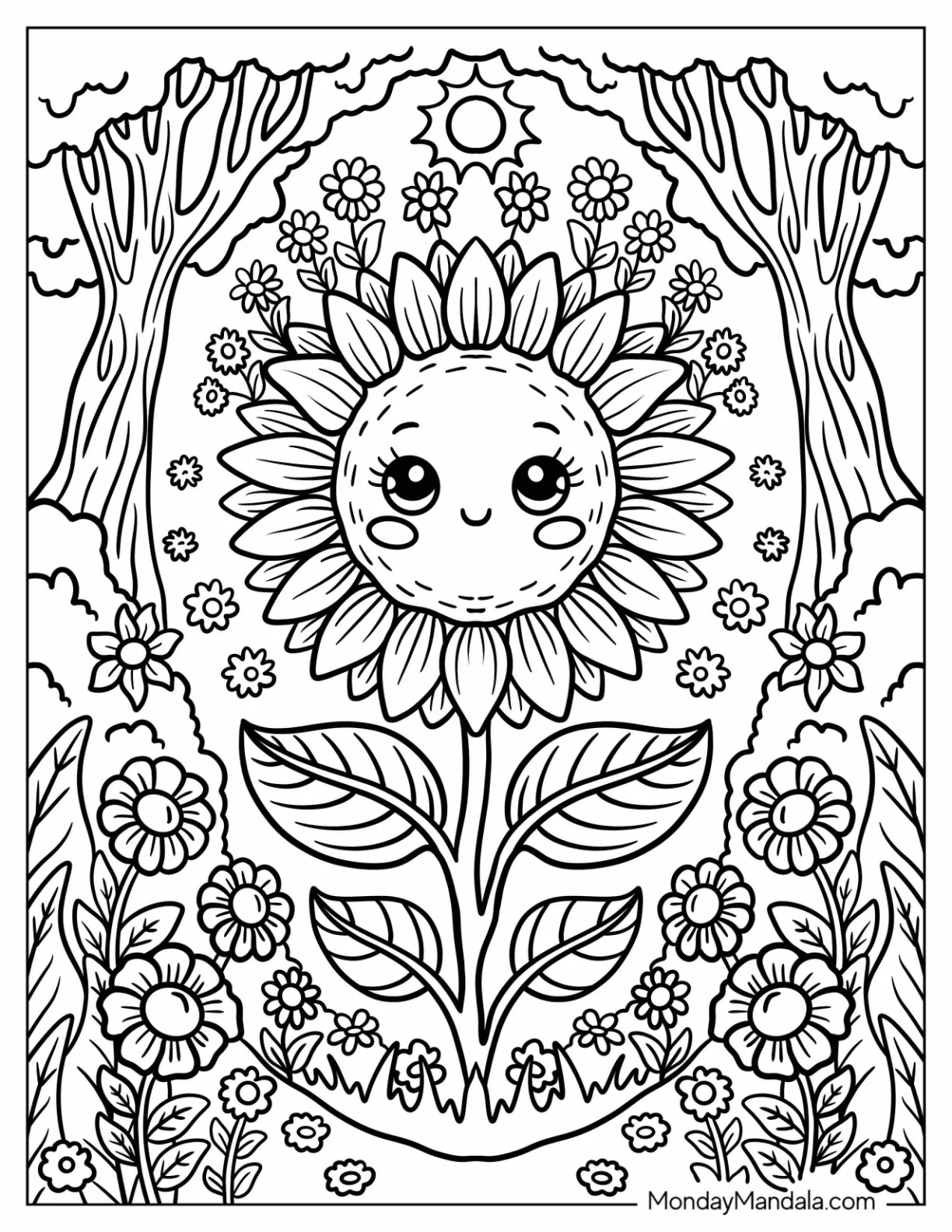 Cute Sunflower Coloring Page Face in a Forest Garden for Kids coloring page