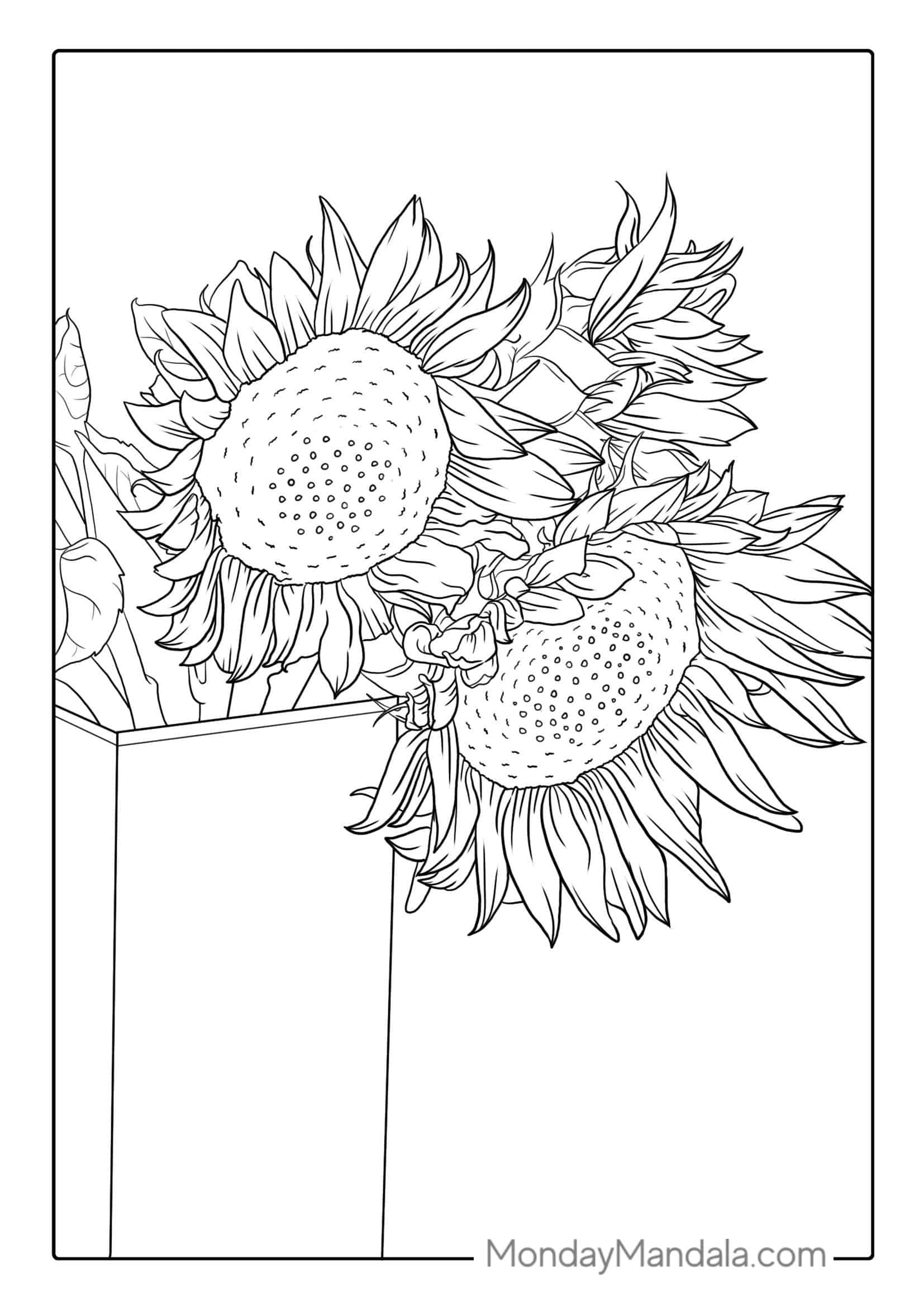 Detailed Sunflowers In Vase For Adults coloring page
