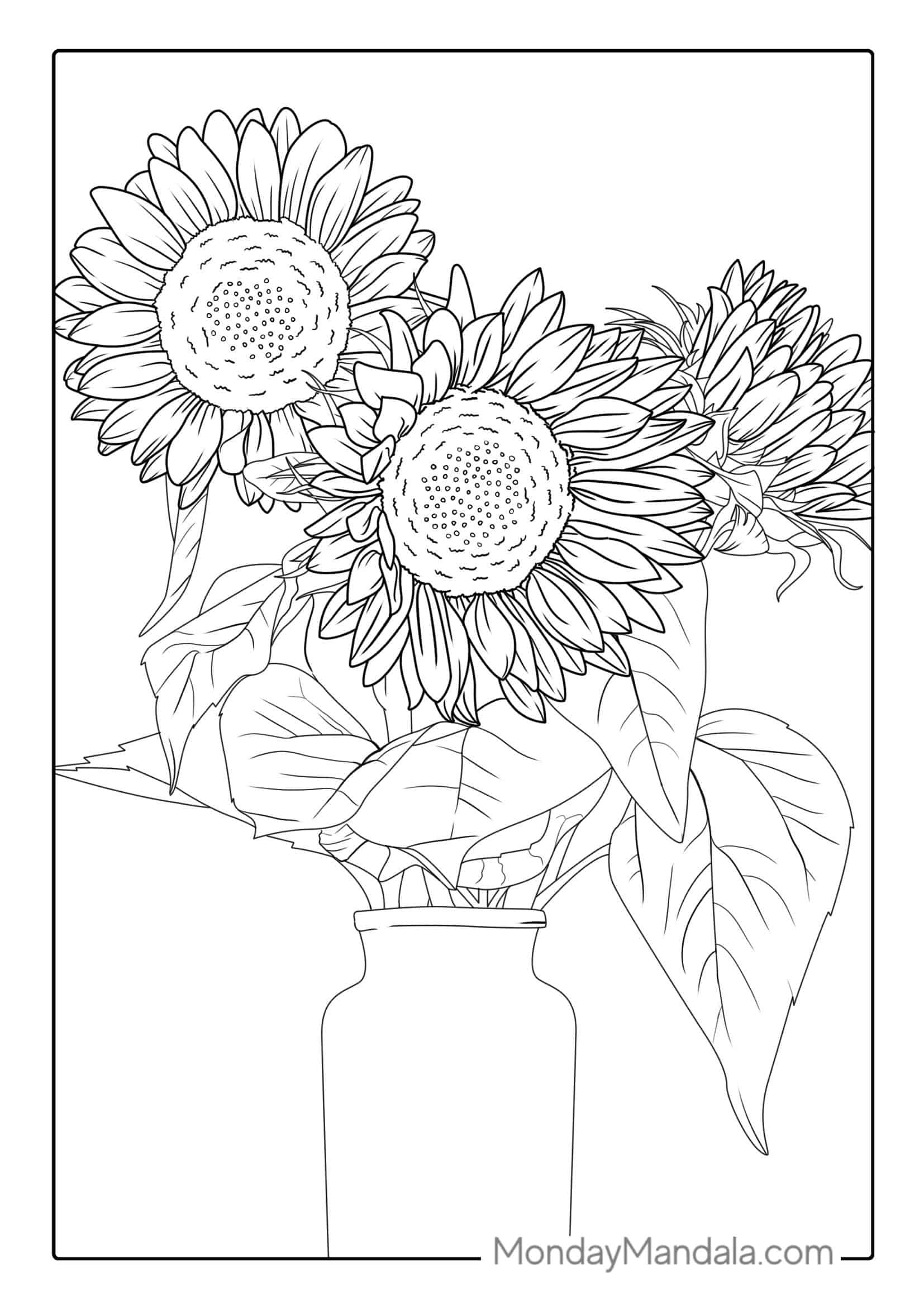 Detailed Sunflowers In Vase For Coloring coloring page — printable line art