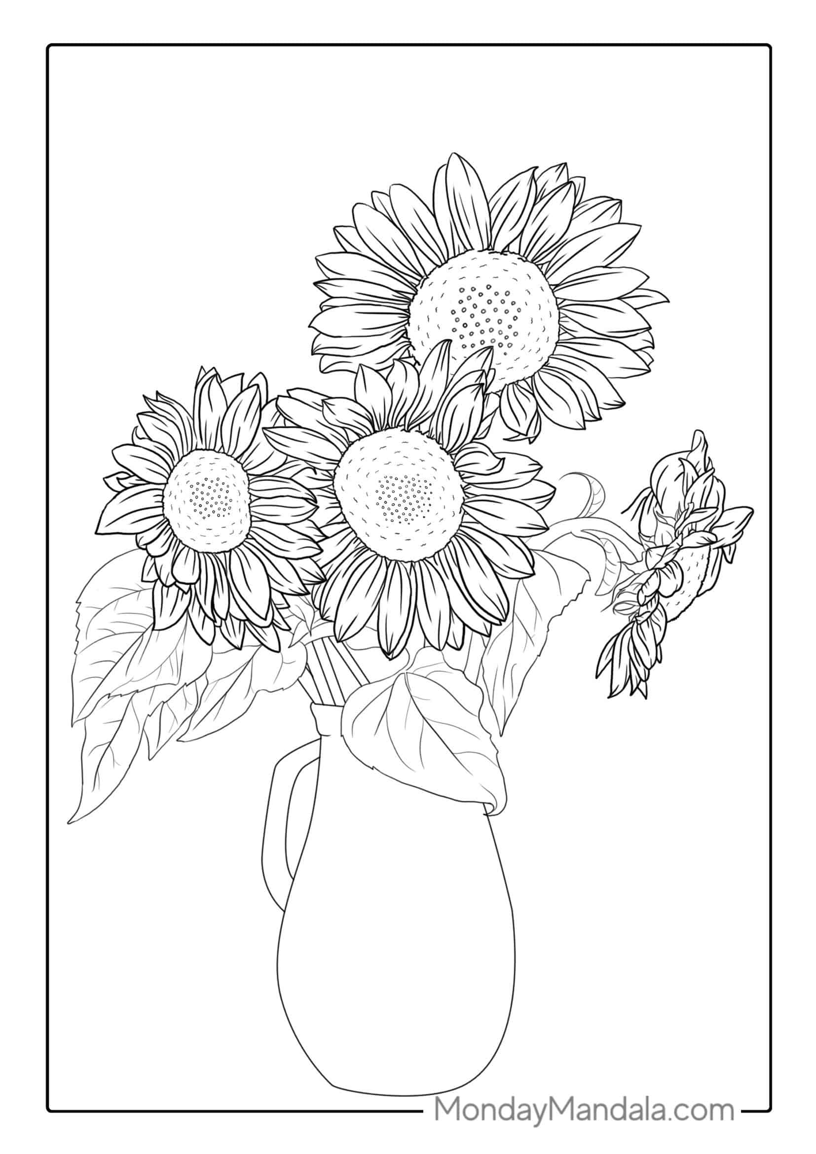 Four Beautiful Sunflowers In Vase For Coloring_ coloring page — printable line art