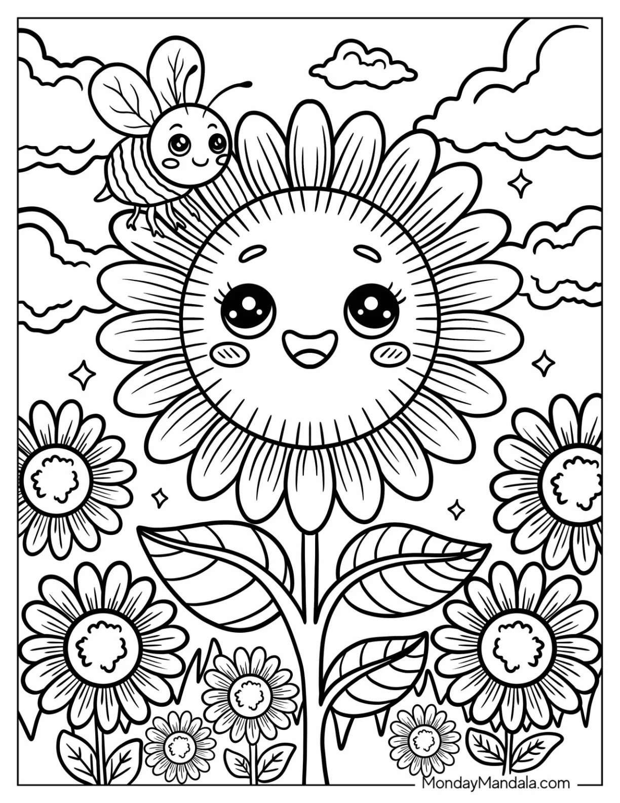 Happy Sunflower Coloring Page With Smiling Bee and Garden Flowers coloring page — printable line art