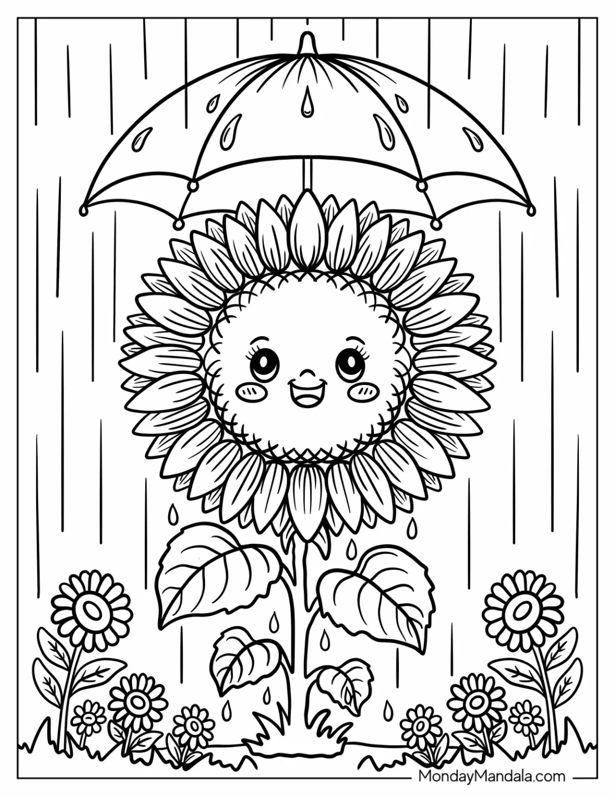 Kawaii Sunflower Coloring Page With Cheerful Face and Umbrella in the Rain coloring page — printable line art