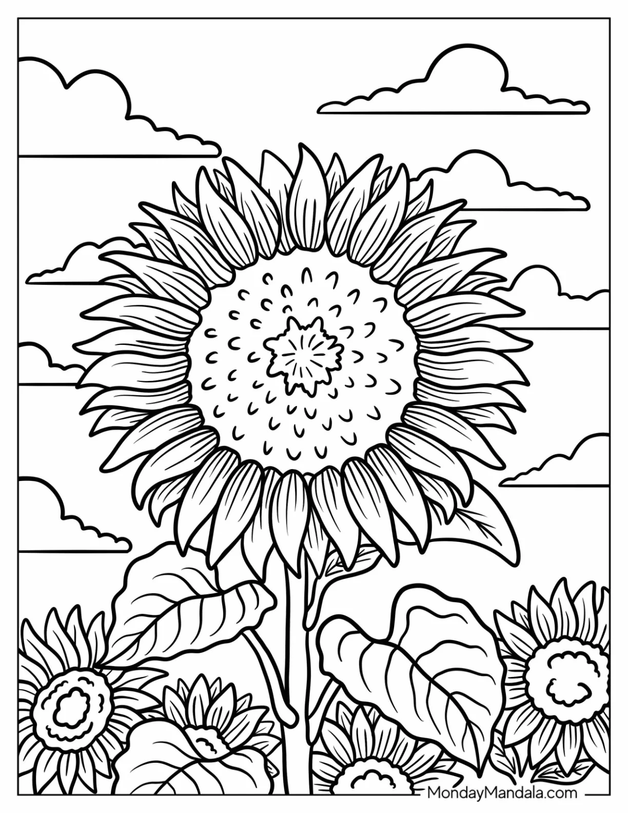 Majestic Sunflower Coloring Page Surrounded by Blooming Buddies Under the Clouds coloring page — printable line art