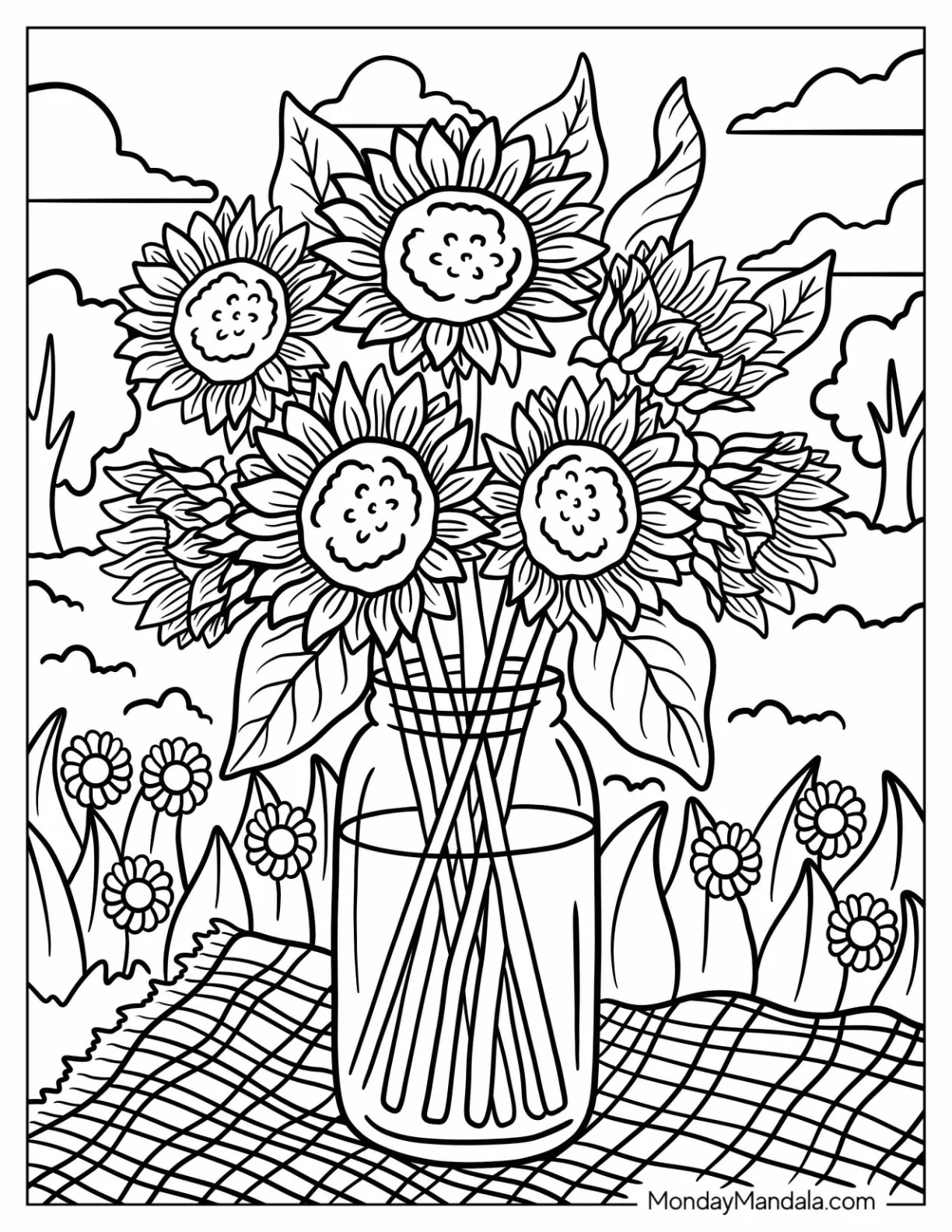Mason Jar of Sunflower Coloring Page on a Picnic Blanket coloring page — printable line art