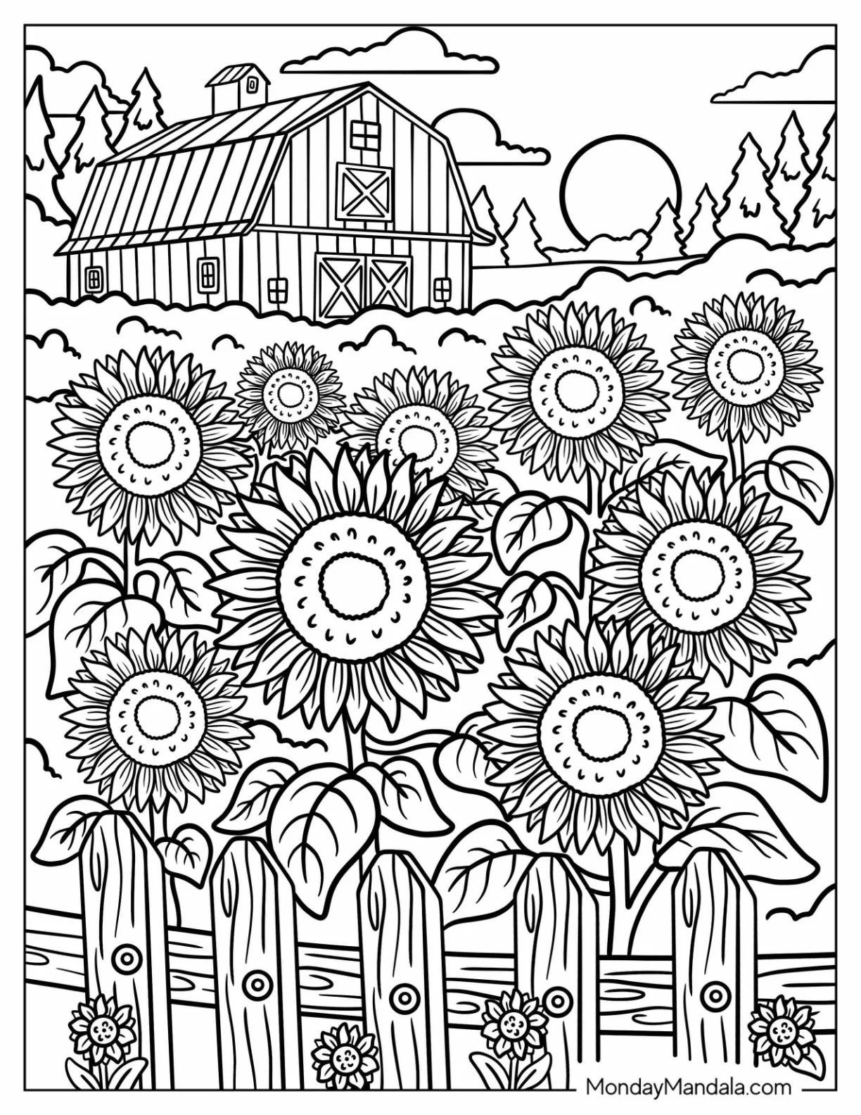 Peaceful Farm With Blooming Sunflower Coloring Page and Barn coloring page