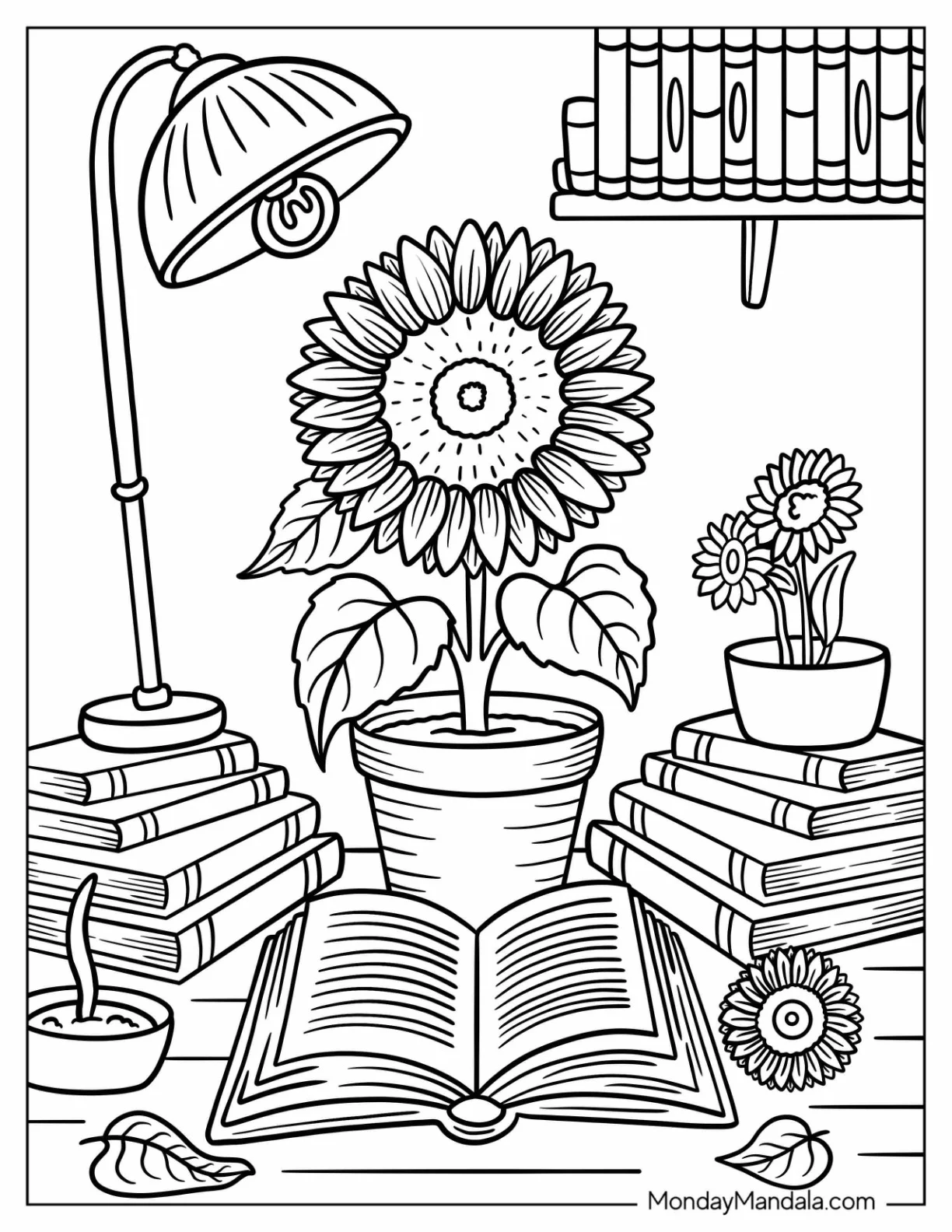 Reading Desk With Sunflower Coloring Page Plant, Books, and a Lit Candle coloring page