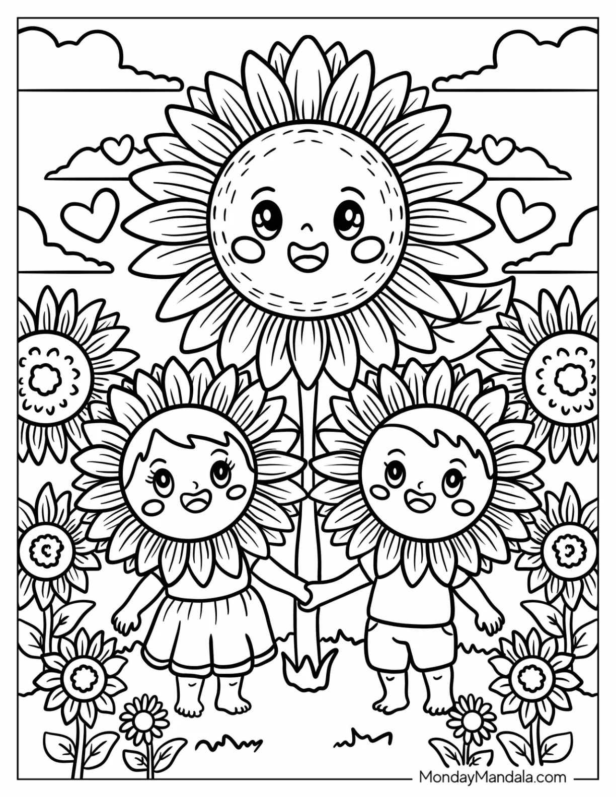 Smiling Sunflower Coloring Page with Children in Costumes for Kids coloring page