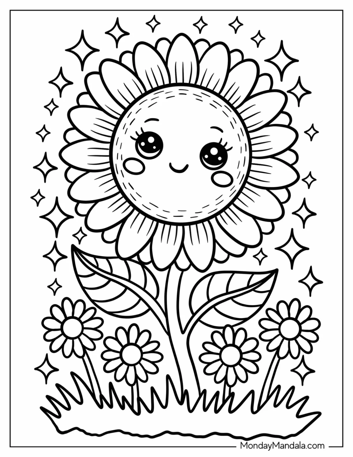 Sparkling Sunflower Coloring Page with Tiny Daisies On the Side for Kids coloring page — printable line art