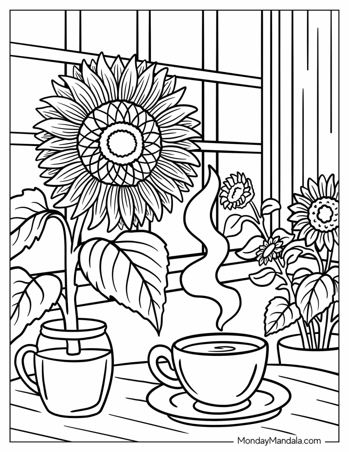 Sunflower Coloring Page by the Window With a Hot Cup of Tea and Potted Plants coloring page — printable line art