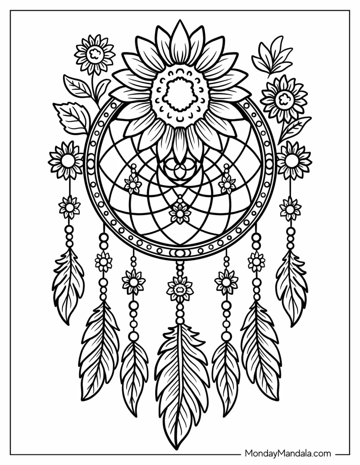 Sunflower Coloring Page Dreamcatcher With Hanging Feathers and Floral Beads coloring page — printable line art