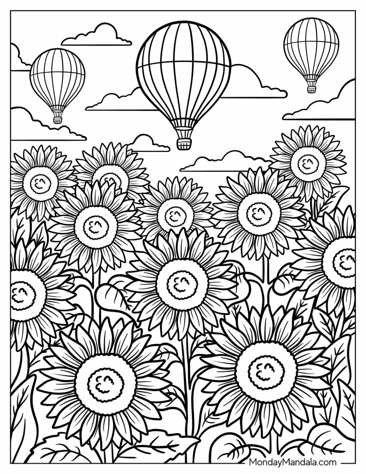 Sunflower Coloring Page Field With Hot Air Balloons in the Sky coloring page — printable line art