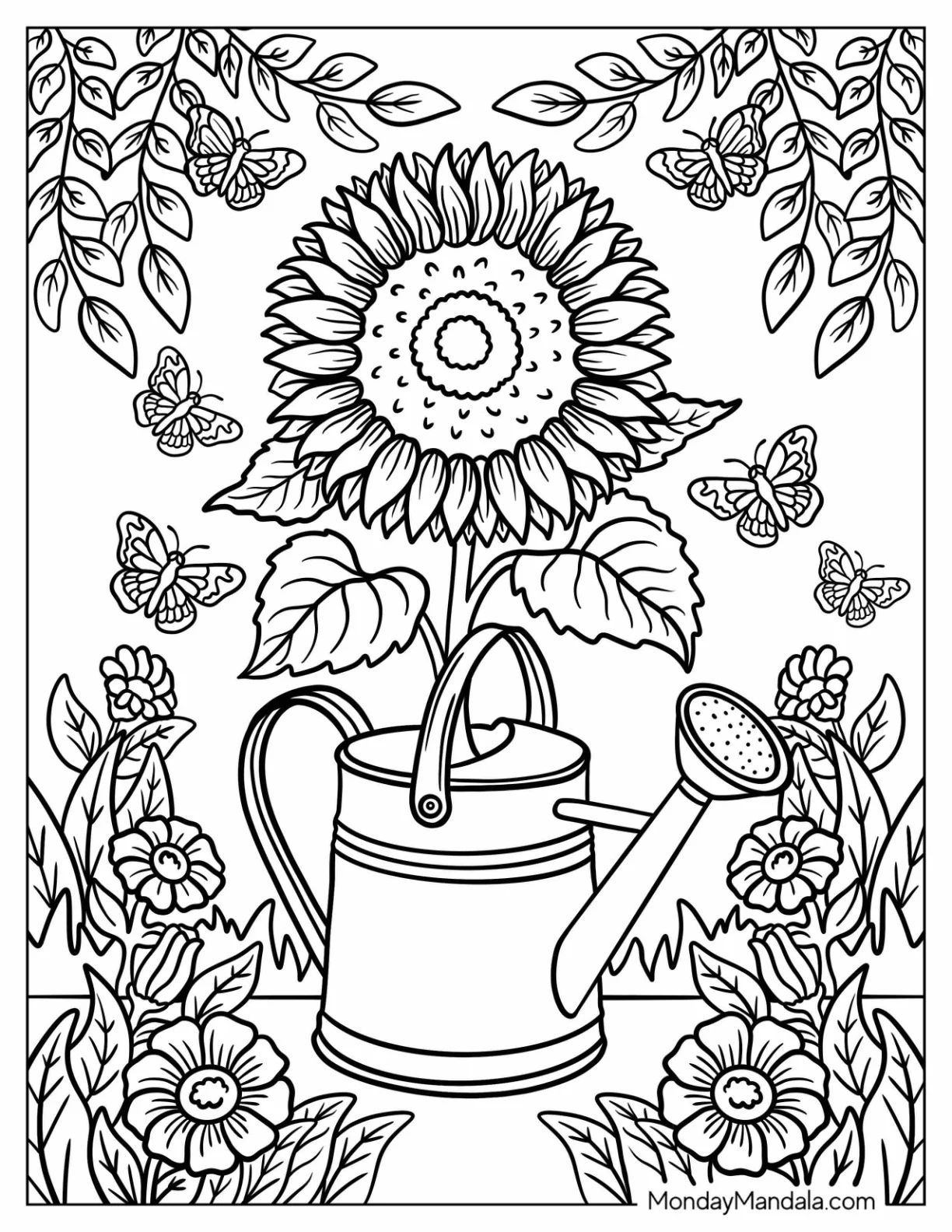 Sunflower Coloring Page Growing From a Watering Can Surrounded by Flowers and Butterflies coloring page — printable line art