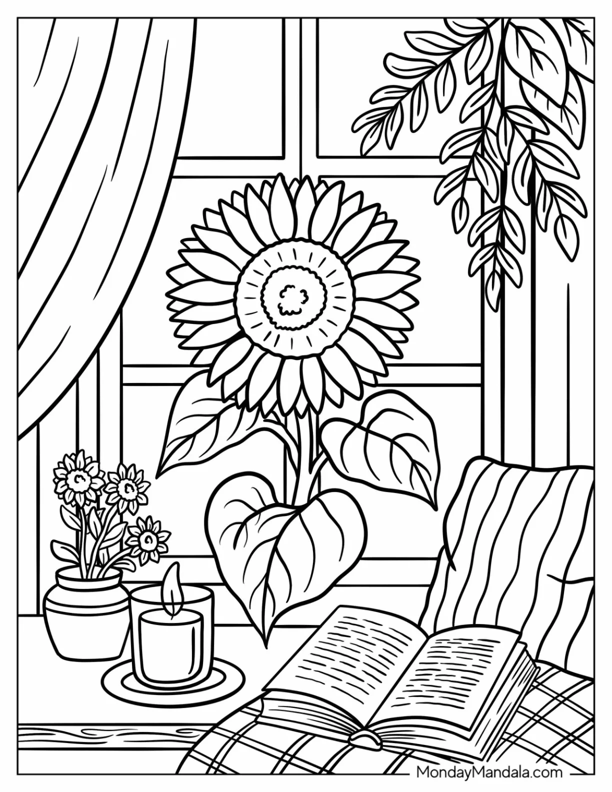 Sunflower Coloring Page in a Vase by the Window With aCandle and an Open Book coloring page — printable line art