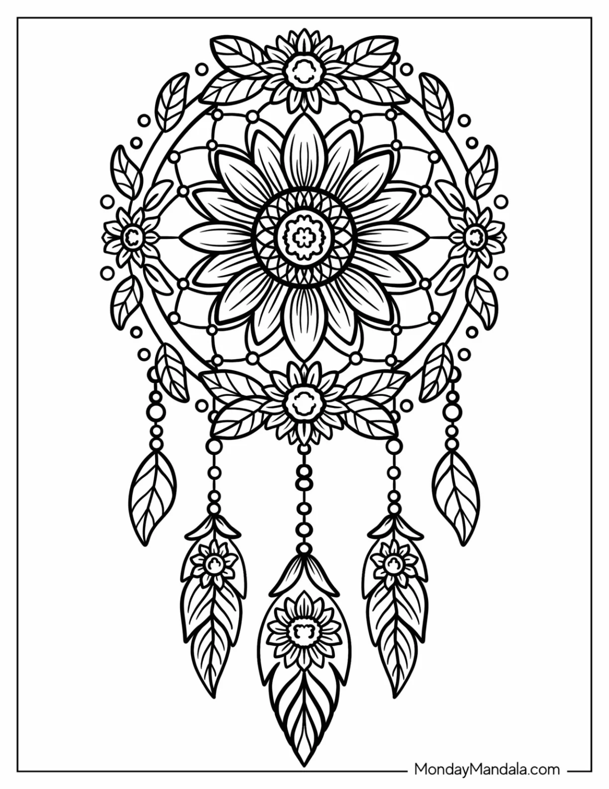 Sunflower Coloring Page Mandala Dreamcatcher With Hanging Feathers coloring page