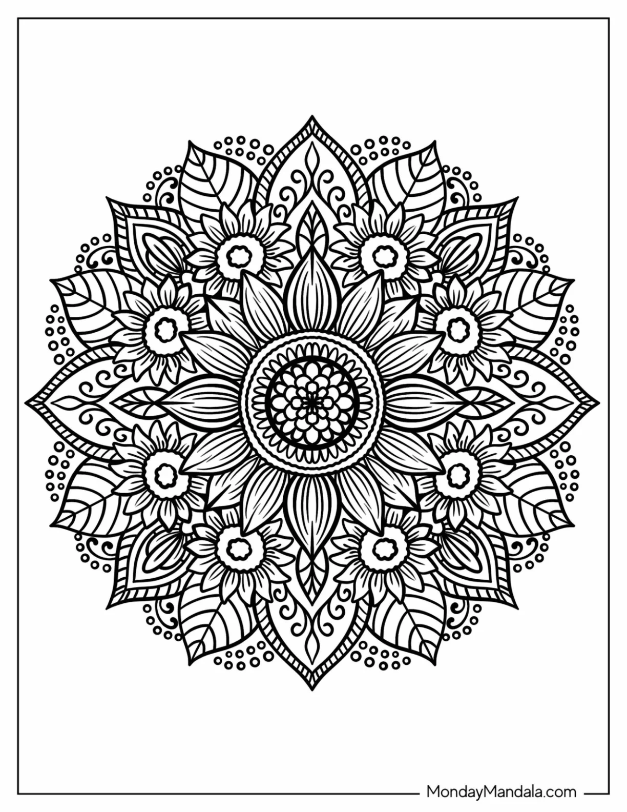 Sunflower Coloring Page Mandala With Detailed Petals and Leaves coloring page — printable line art