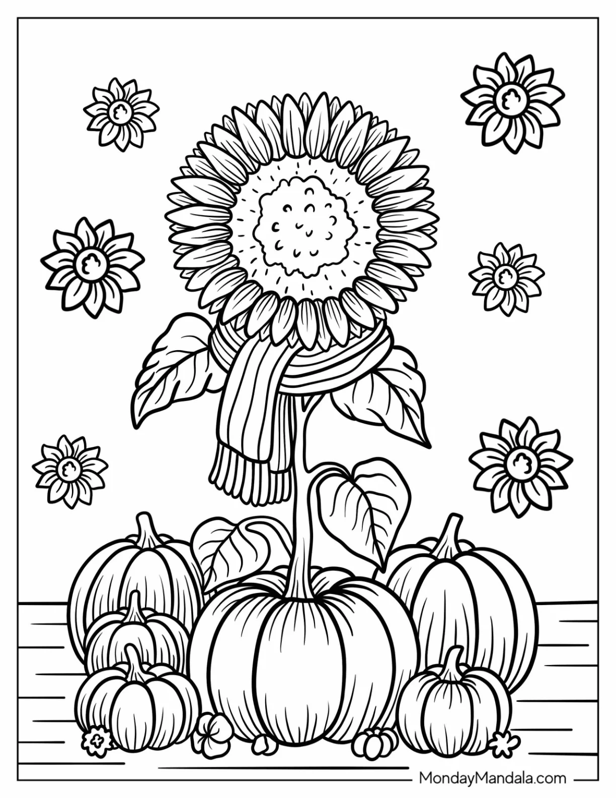 Sunflower Coloring Page With Scarf Surrounded by Pumpkins coloring page — printable line art