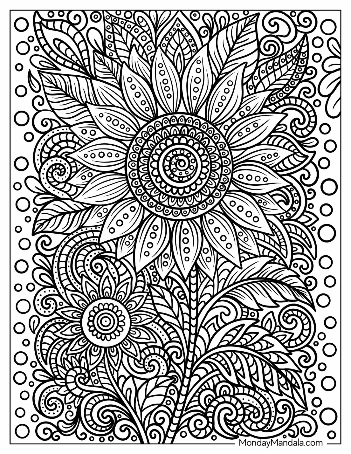 Sunflower Coloring Page With Swirly Petals and Decorative Leaves coloring page