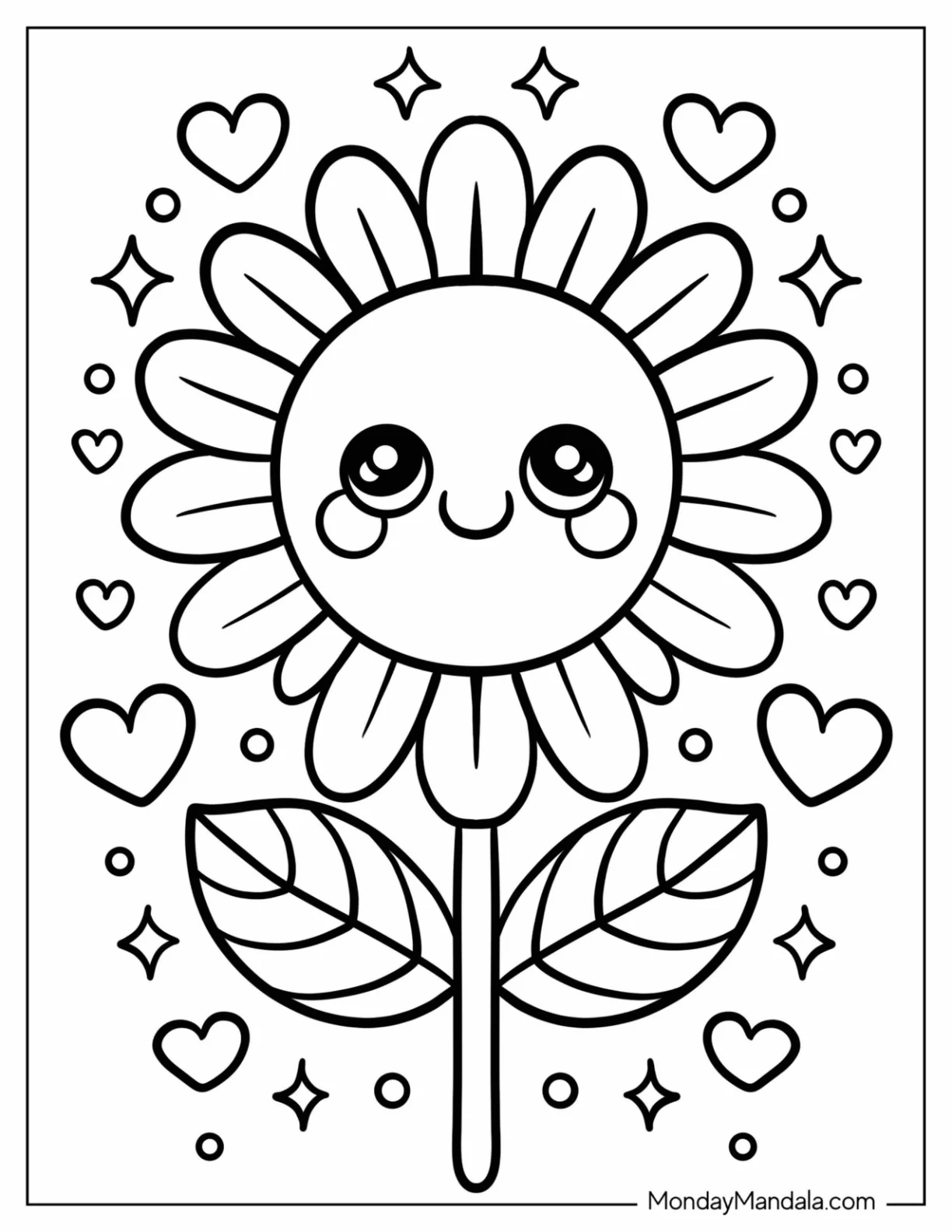 Sweet Sunflower Coloring Page Face Surrounded by Hearts for Preschoolers coloring page
