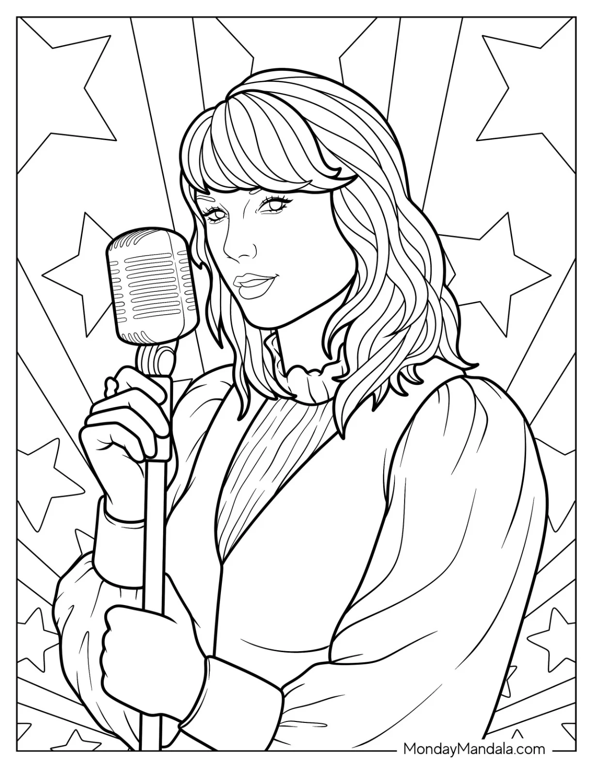 Beautiful Taylor Swift Coloring Page Holding A Vintage Microphone coloring page