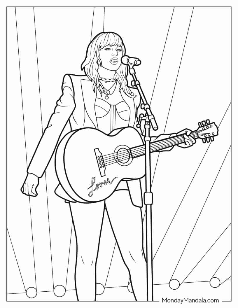 Coloring Sheet Of Taylor Swift Singing With Guitar coloring page