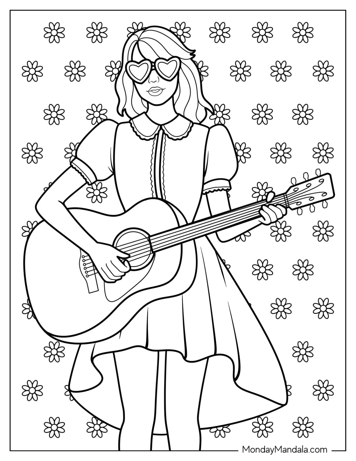 Cute Taylor Swift Coloring Page With Love Heart Sunglasses coloring page