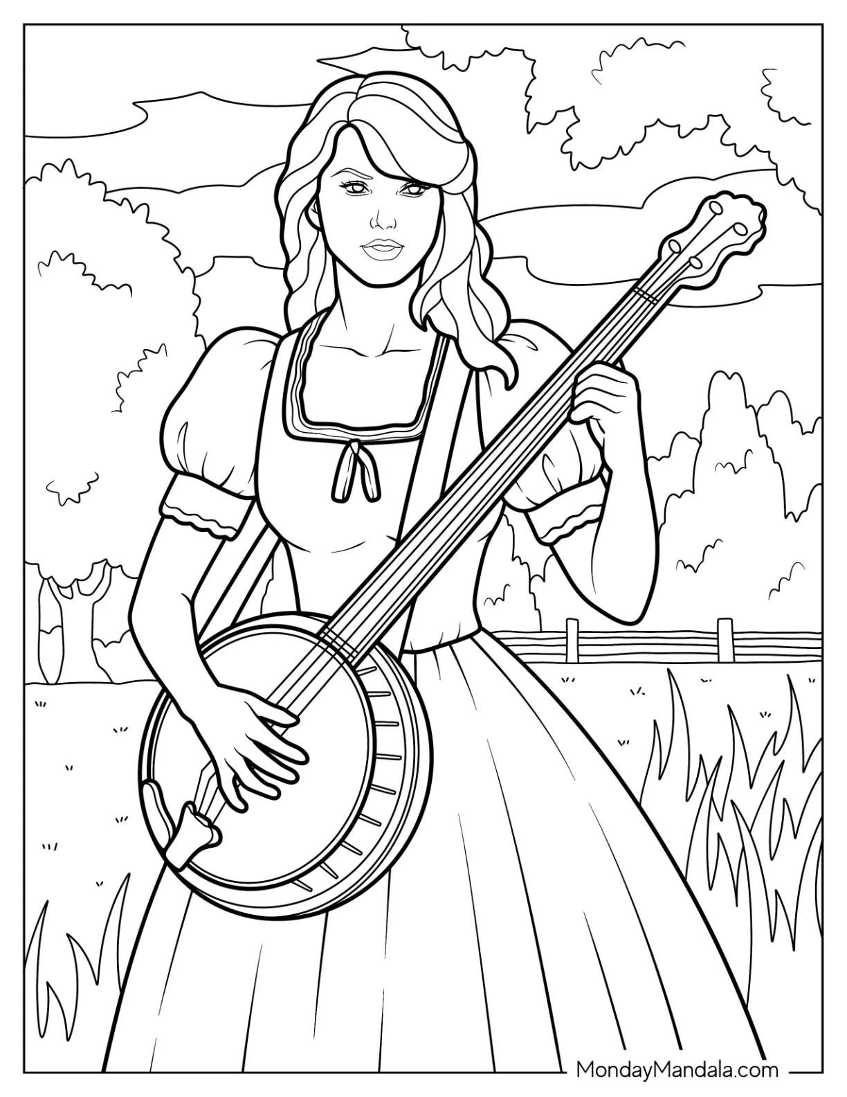 Taylor Swift Coloring Page In A Cute Dress Playing The Banjo coloring page