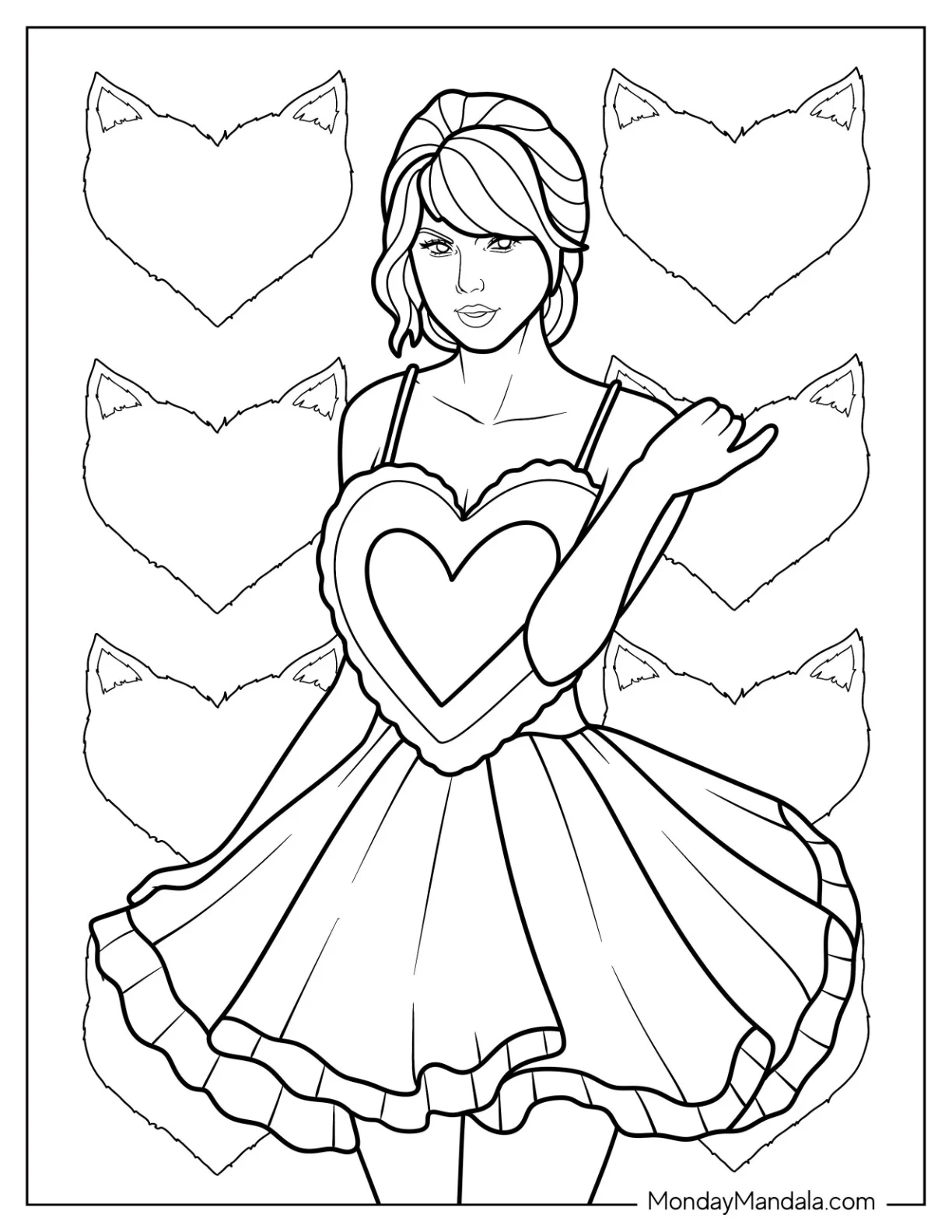 Taylor Swift Coloring Page In A Cute Love Heart Dress coloring page