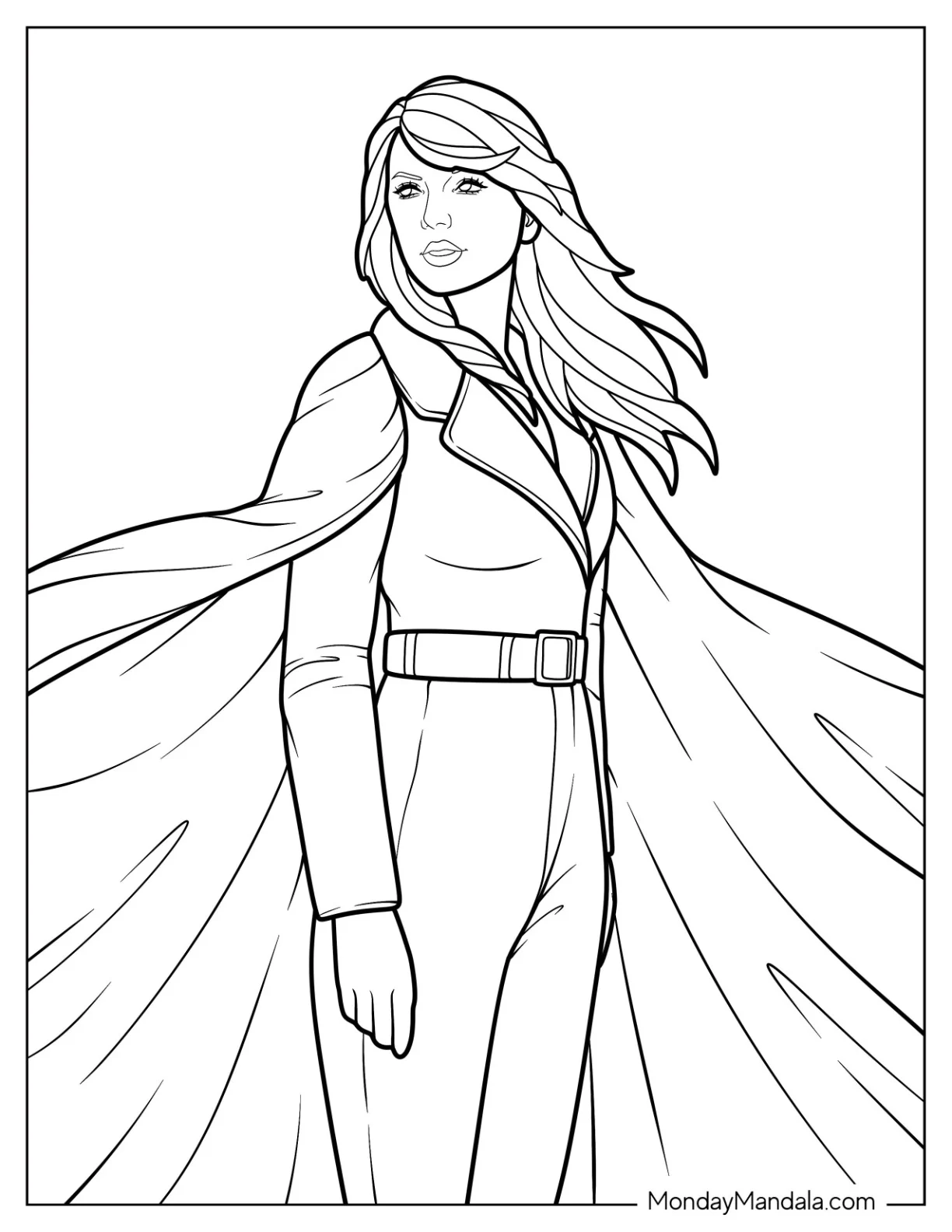 Taylor Swift Coloring Page In A Suit And Cape For Kids coloring page