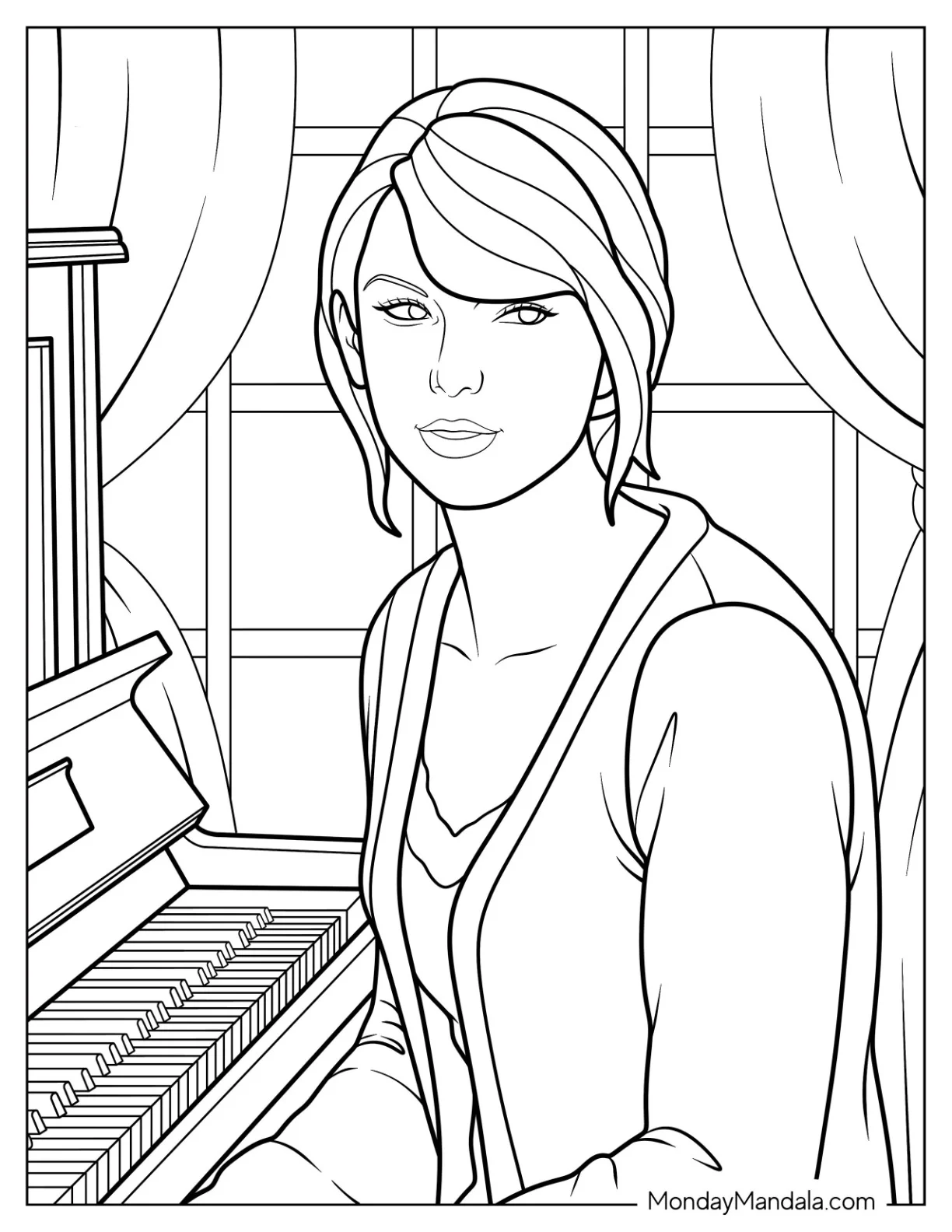 Taylor Swift Coloring Page Sitting In Front Of A Piano For Kids coloring page