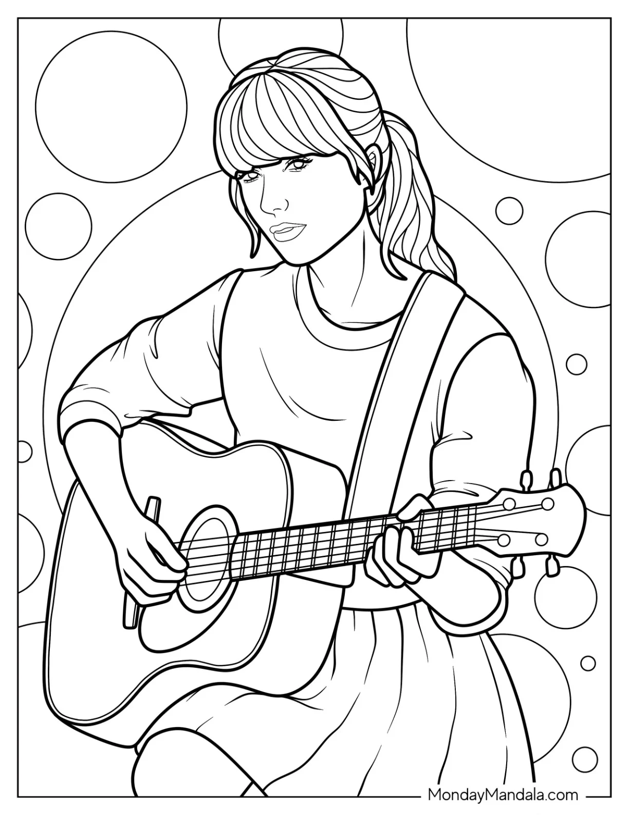Taylor Swift Coloring Page With Full Bangs Playing The Guitar coloring page