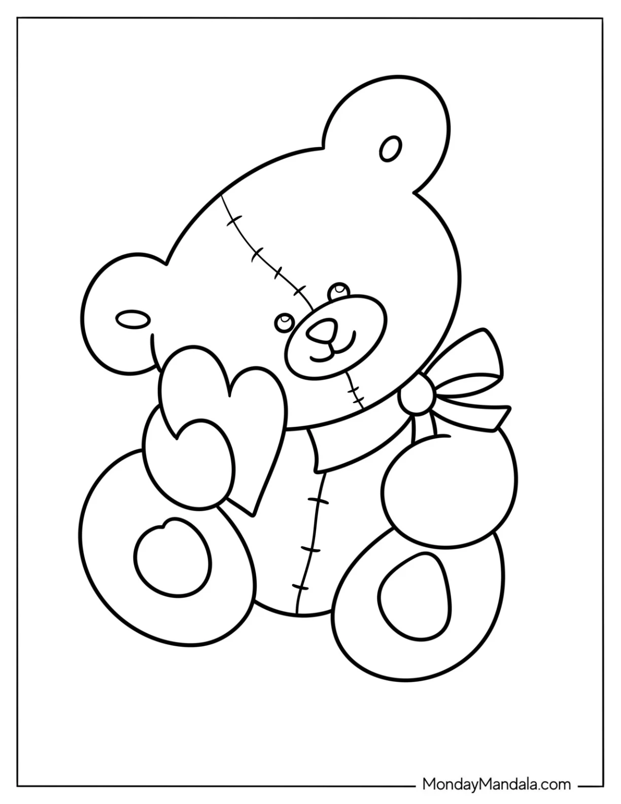 Adorable Teddy Bear Coloring Page With Bow For Preschoolers coloring page — printable line art