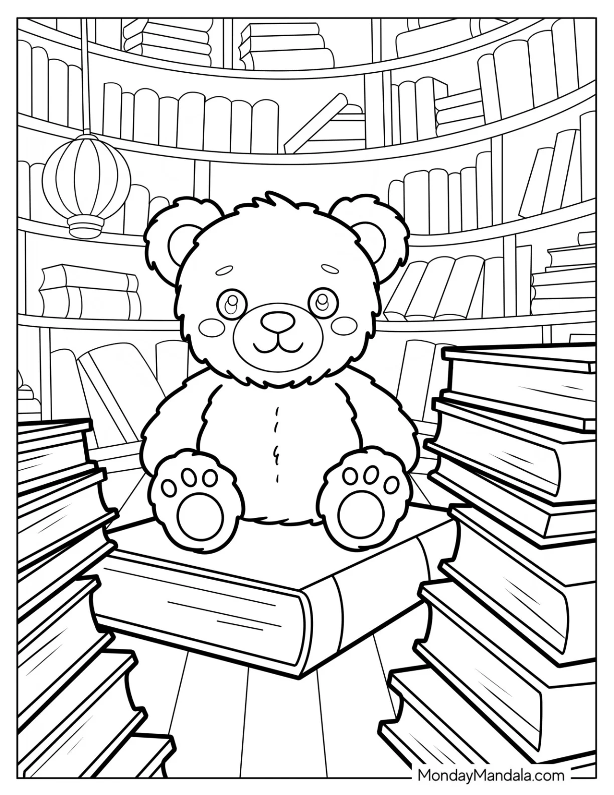 Blushing Teddy Bear Coloring Pages Sitting on a Massive Book in a Library coloring page