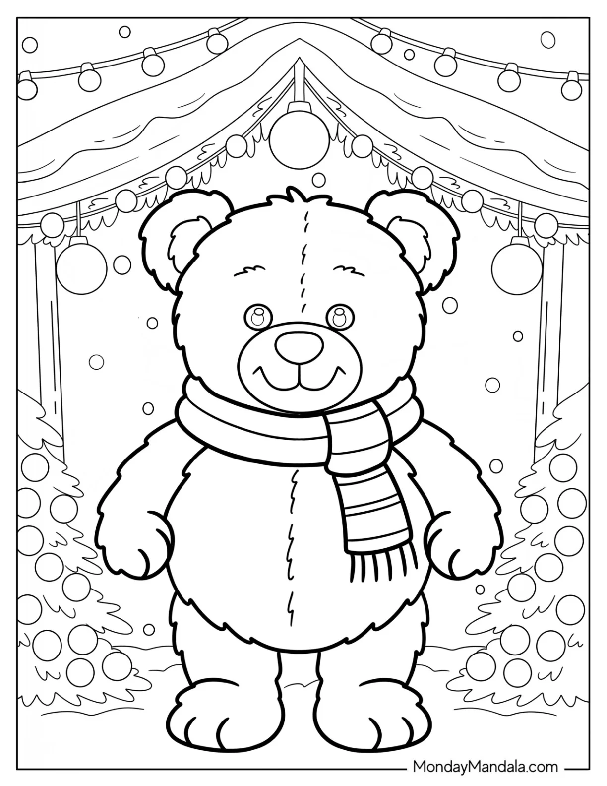Festive Teddy Bear Coloring Page with Scarf Amid Holiday Lights for Kids coloring page