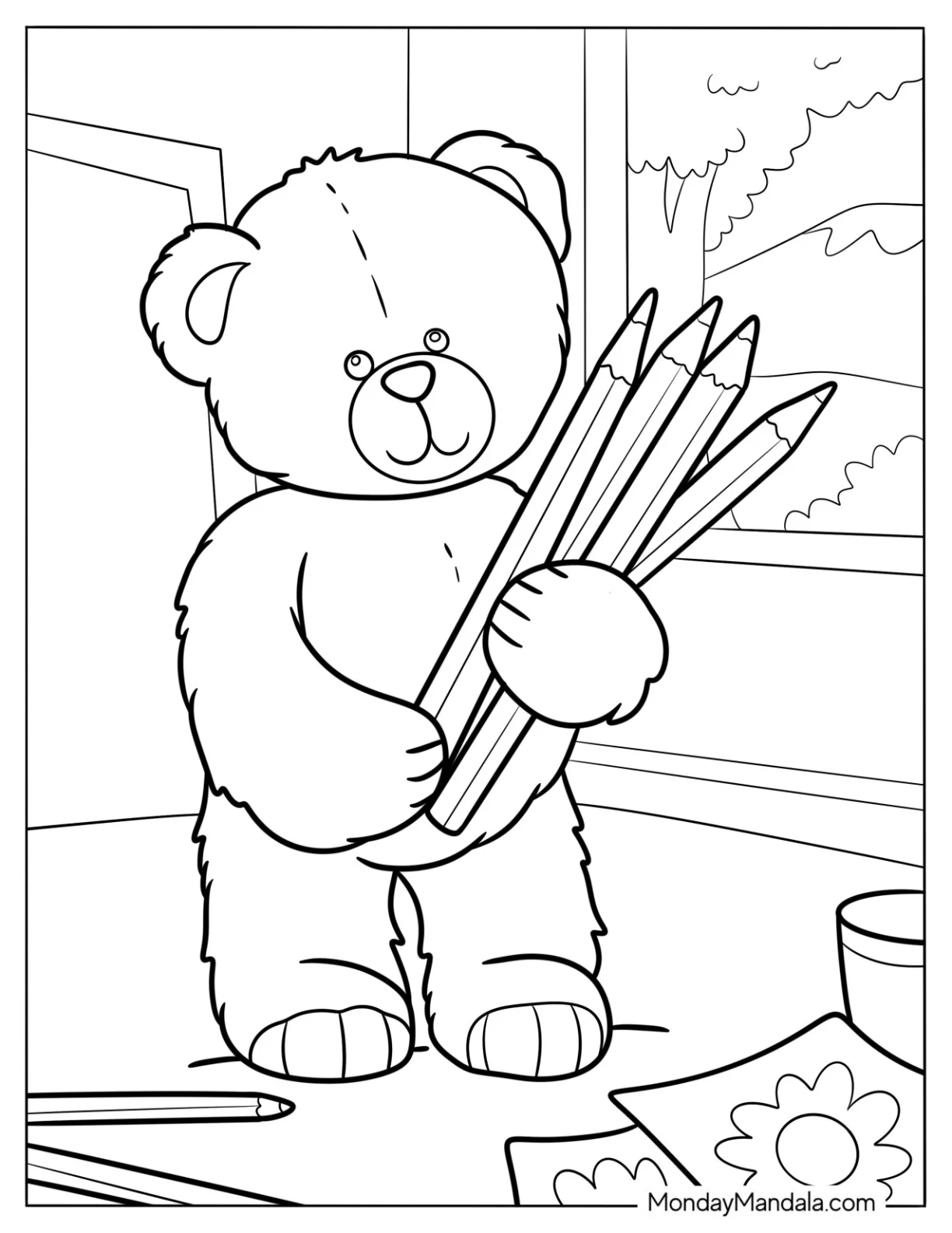 Furry Teddy Bear Coloring Page Carrying Large Pencils For Kids coloring page — printable line art
